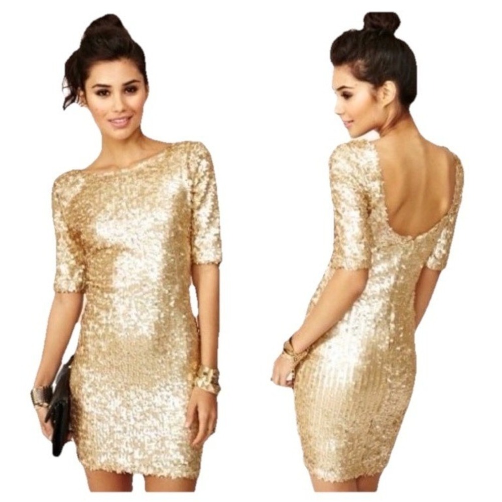 Ark & Co. Gold Sequin Short Sleeve Mini Dress with Scoop Neck Back Size Small